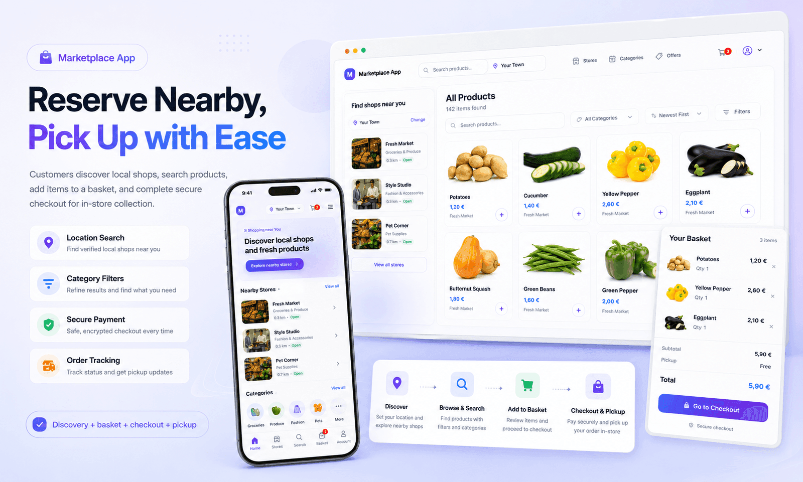 Blaia marketplace — customer storefront with local shops and products, mobile app, and a basket with secure checkout for in-store pickup.
