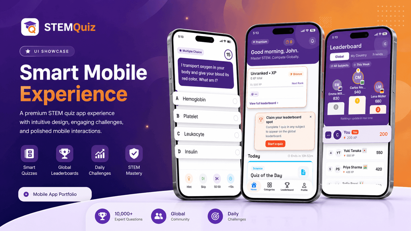STEMQuiz mobile app — a multiple-choice quiz screen, home dashboard with XP and daily challenge, and a global leaderboard.